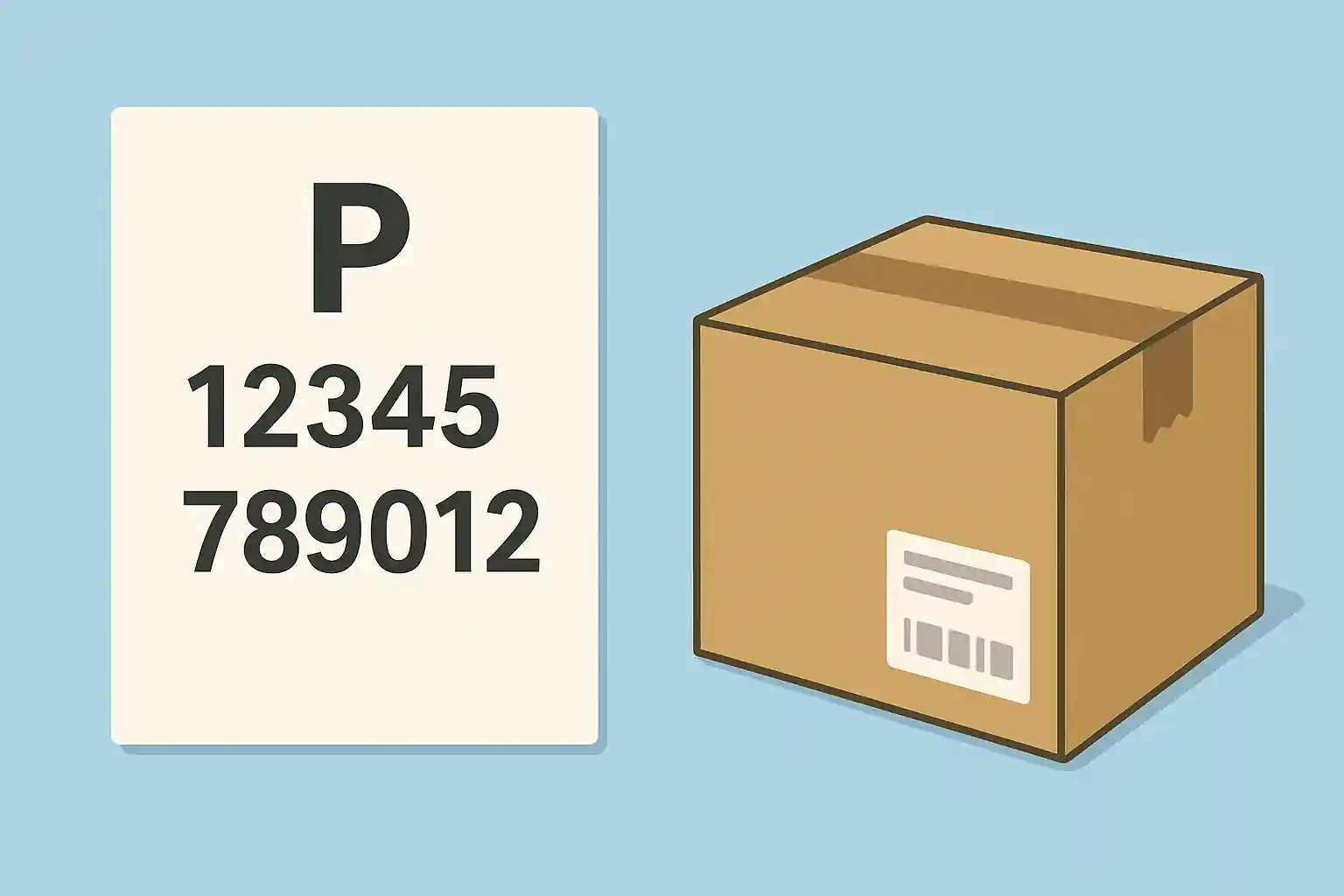 P로 시작하는 개인통관고유번호가 적힌 종이와 택배 상자가 나란히 놓인 일러스트