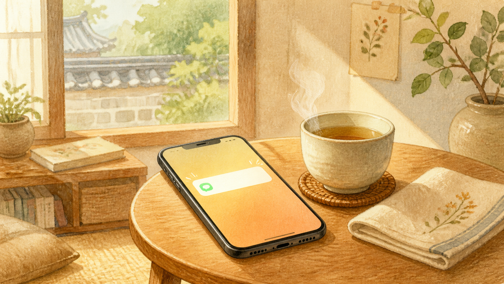 점심 약속을 떠올리게 하는 휴대전화와 차 AI 삽화
