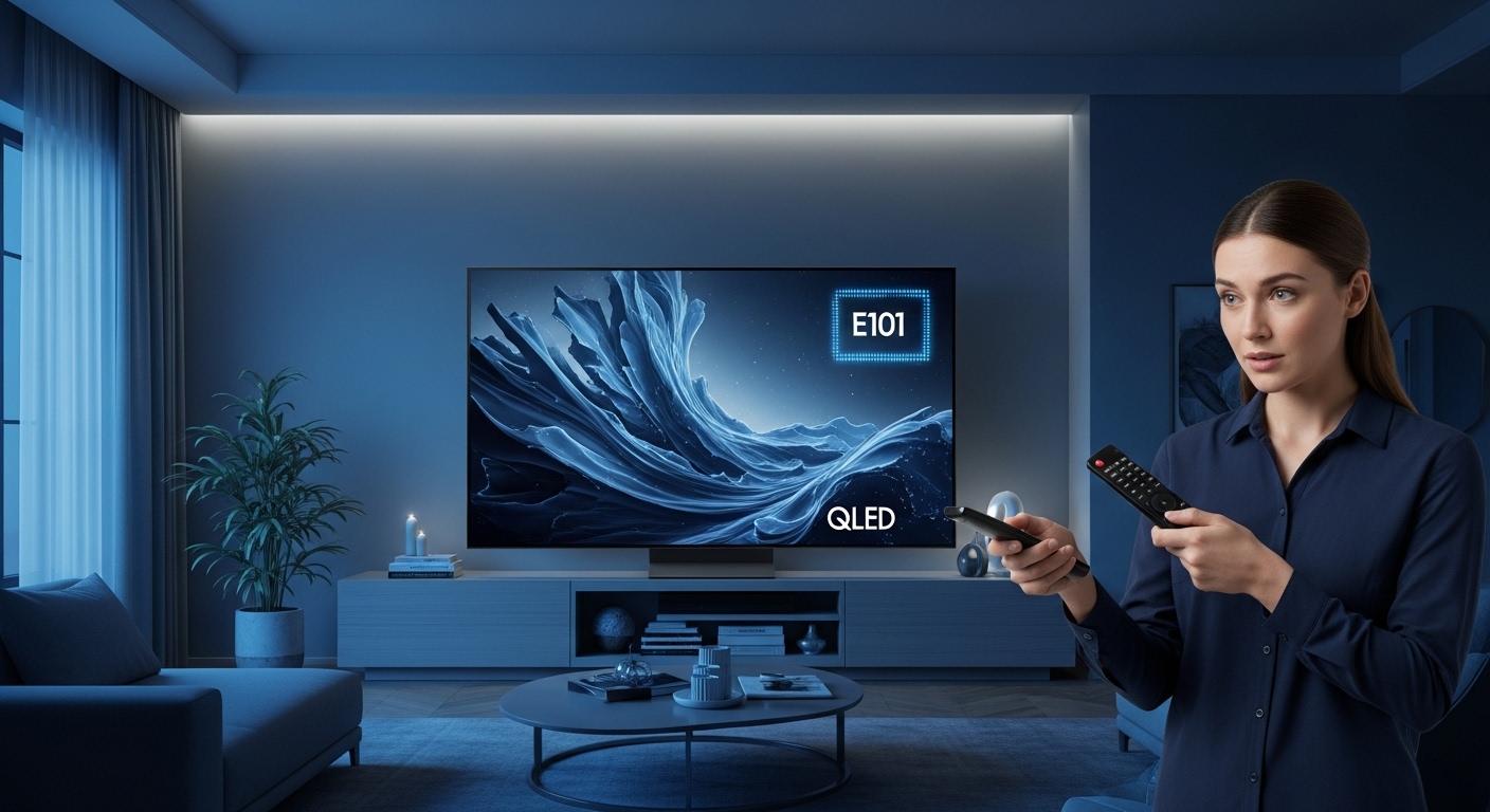 거실에 설치된 삼성 QLED TV 화면에 E101 에러 코드가 표시된 모습
