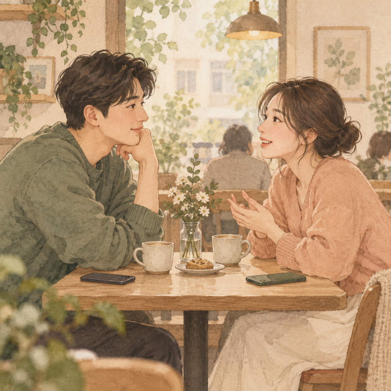 휴대폰을 내려놓고 서로의 이야기를 듣는 연인