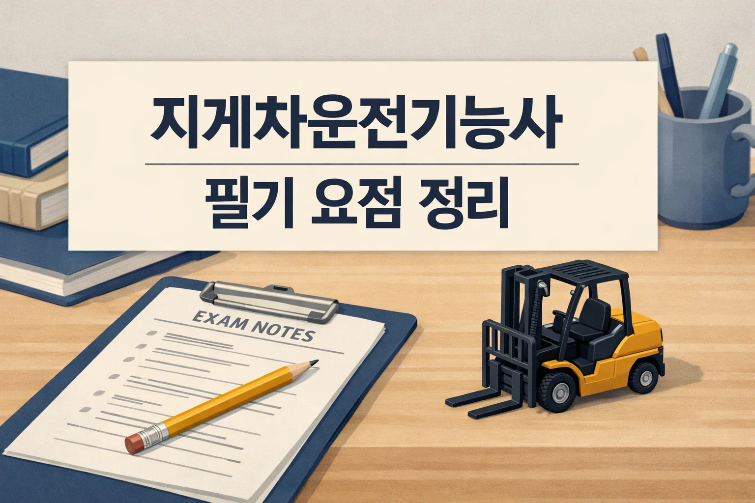 지게차운전기능사 필기 요점 정리 글의 전체 주제를 보여주는 썸네일 이미지로 핵심 개념을 빠르게 훑고 시험 전 복습 흐름을 잡도록 구성한 화면