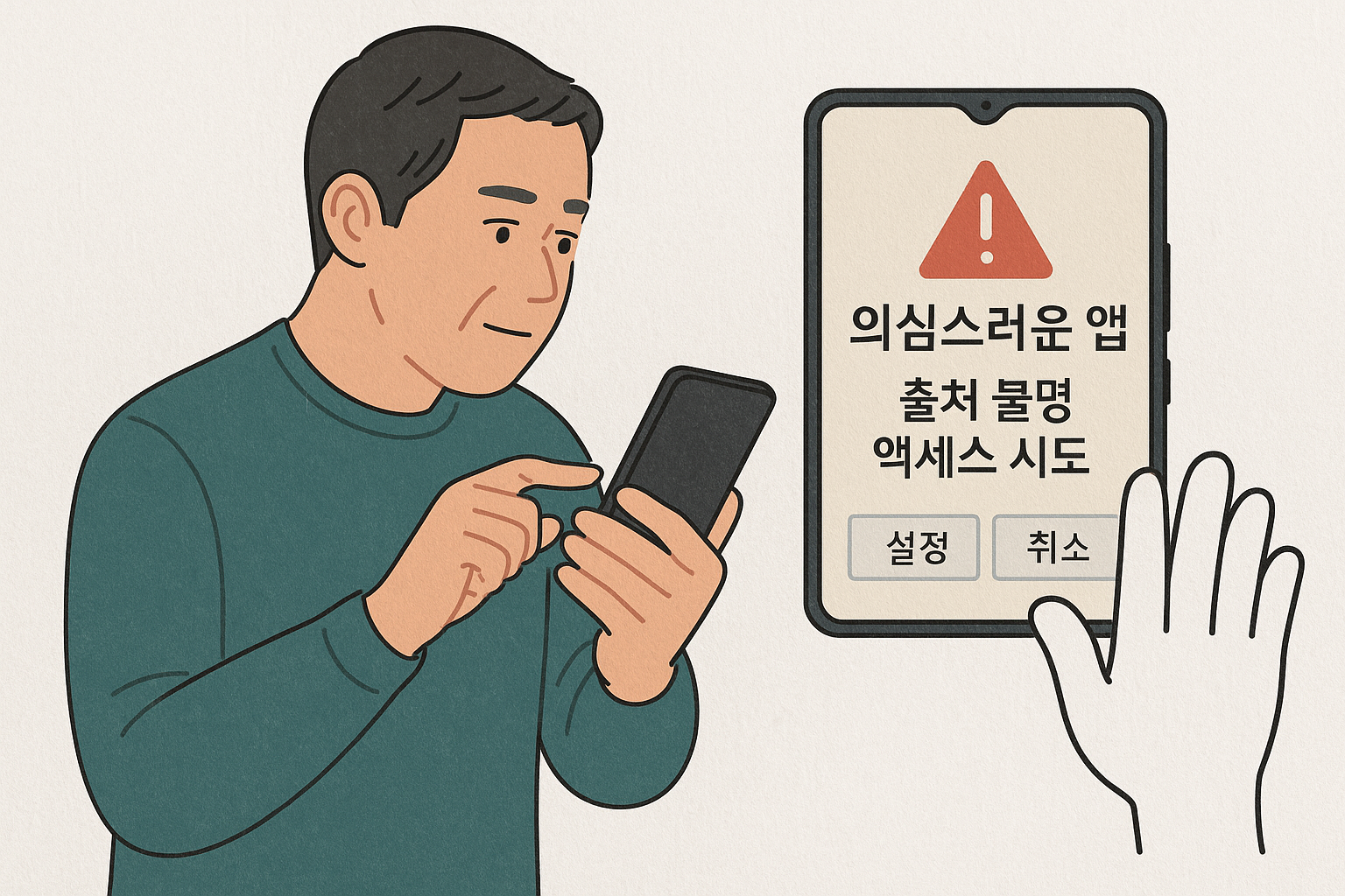 스마트폰 보안 설정을 확인 중인 사용자 --- 디지털 사기 예방을 위하 첫걸음