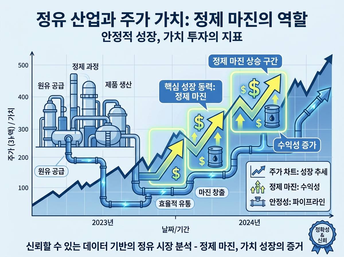 주식 차트와 정유 공장의 파이프라인이 겹쳐진 인포그래픽, 정제마진 상승을 나타내는 화살표와 달러 기호가 강조됨