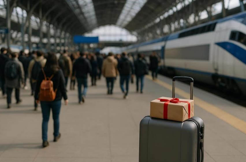 귀성객으로 번잡한 기차역 플랫폼에 놓인 여행 가방과 선물 꾸러미 모습