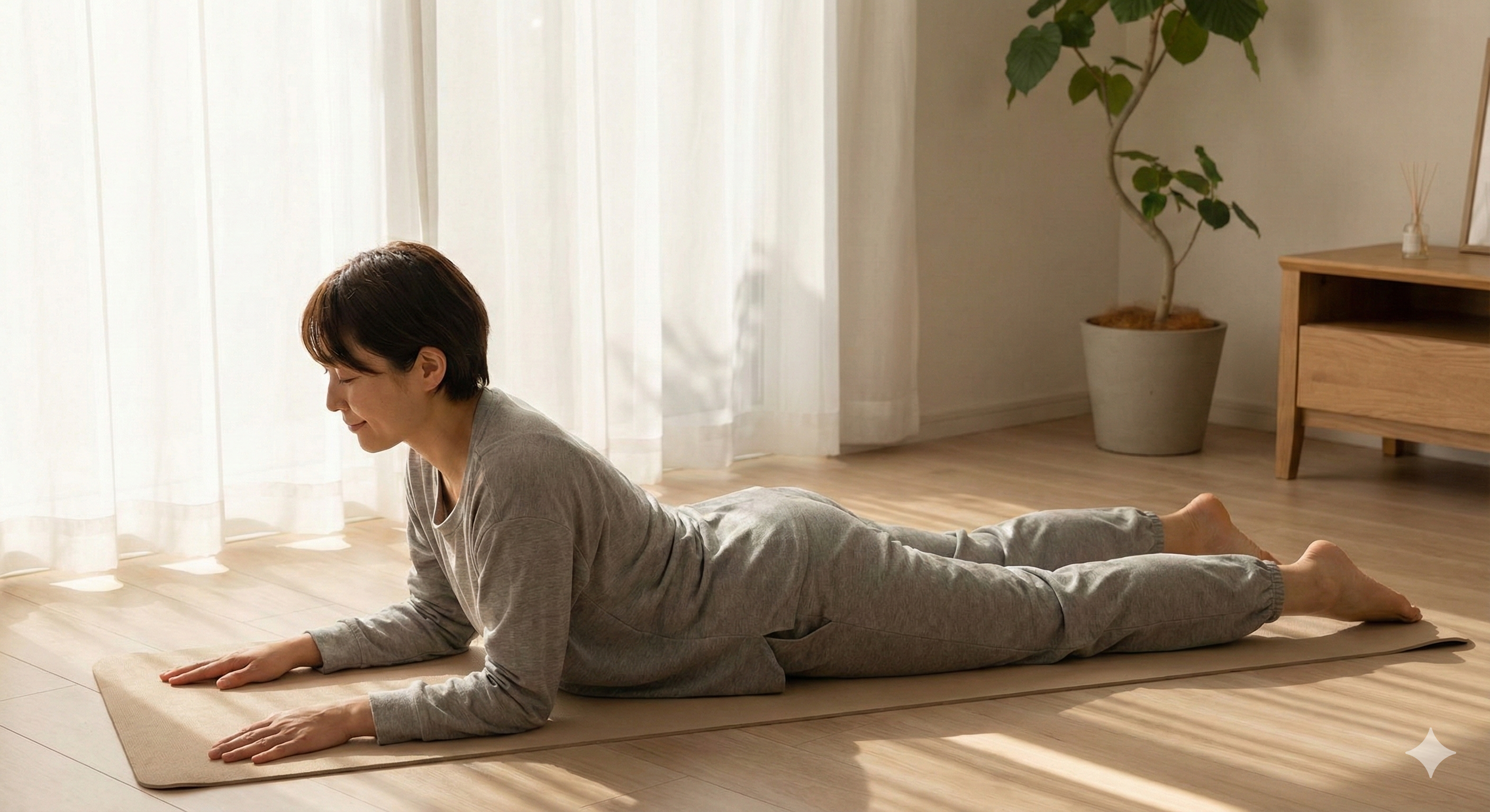 따뜻한 햇살이 비치는 미니멀한 거실에서, 편안한 운동복을 입은 인물이 요가 매트 위에서 '맥켄지 신전 운동(코브라 자세 변형)'을 부드럽게 수행하고 있습니다. 엎드린 상태에서 팔로 상체를 지지하며 일으키는 모습이며, 고통스러워 보이지 않고 편안하고 안정된 표정입니다. 척추의 자연스러운 곡선이 강조됩니다. 흰색 쉬폰 커튼 사이로 부드러운 햇살이 들어오며, 평화롭고 치유에 집중하는 분위기를 연출합니다.