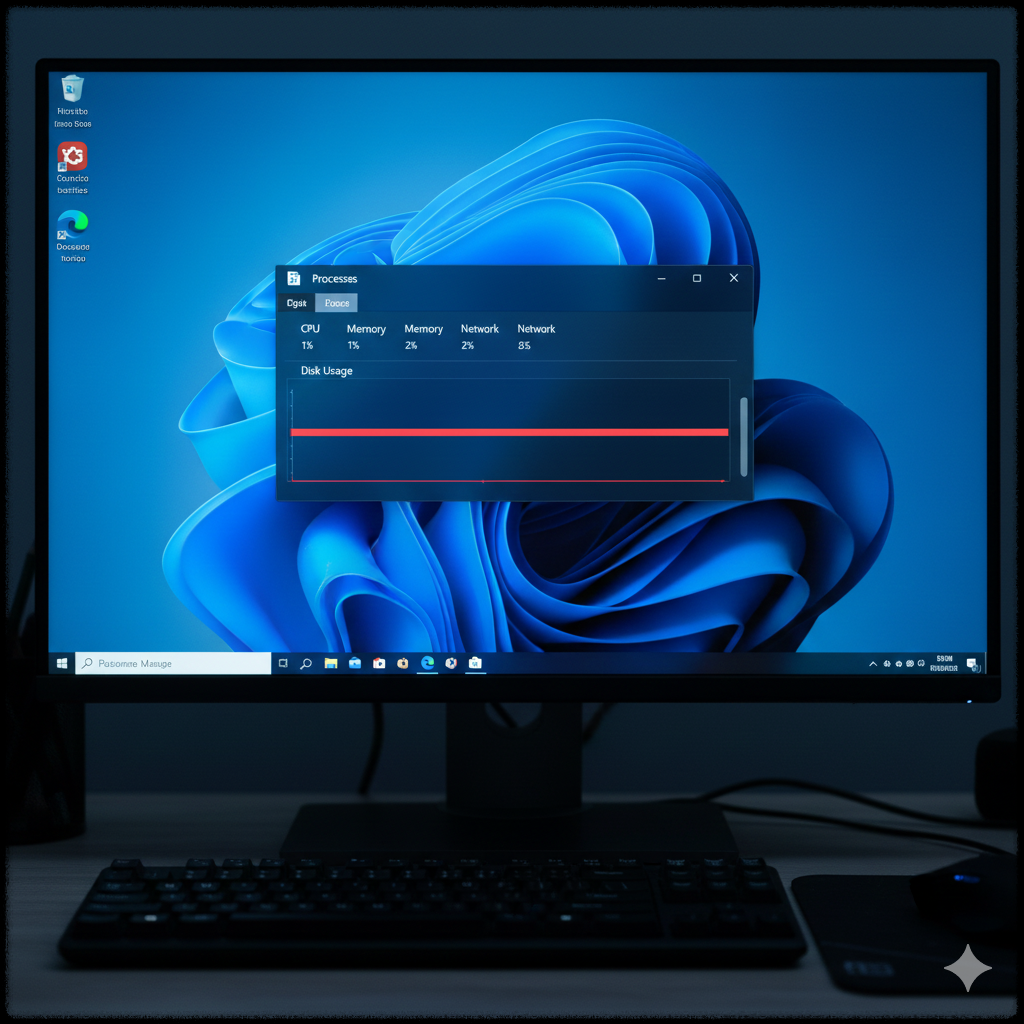 윈도우 11 작업 관리자에서 디스크 사용률이 100%로 표시된 화면