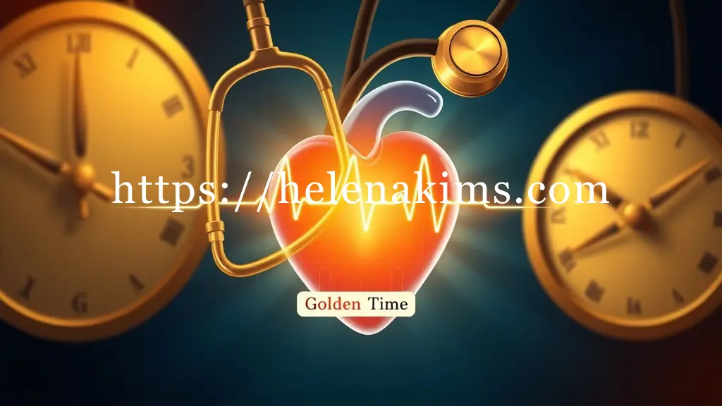 정밀하게 빛나는 청진기가 심장 부위를 비추고, 그 빛이 깨끗한 심전도 파형과 명확한 진단명을 밝힌다. 주변에는 황금빛 시계바늘이 빠르게 움직여 '골든 타임'의 중요성을 강조한다. 전문가진료 정확한진단 골든타임 으로 적시 진료의 필요성을 역동적으로 표현한 이미지.