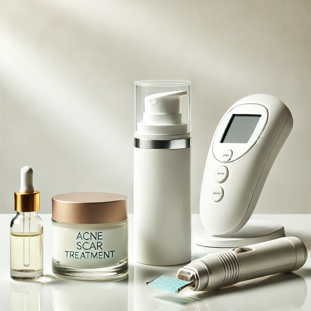 여드름 흉터 치료를 위한 크림, 비타민 C 세럼, 그리고 레이저 치료 장비가 놓인 깨끗하고 밝은 배경의 스킨케어 이미지. 건강한 피부가 배경에서 빛나고 있으며, '여드름 흉터 관리 가이드'라는 텍스트가 포함된 전문적이고 깔끔한 디자인.