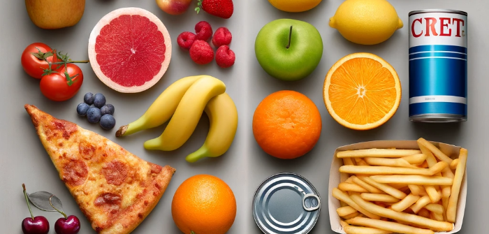 산 음식 VS 죽은 음식 글 썸네일 - 바나나, 토마토, 체리, 감자튀김, 음료수 등 이미지