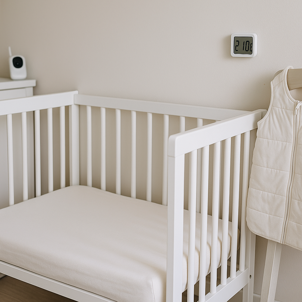 비워 둔 아기 침대, 딱 맞는 시트, 벽 온도계 21°C, 옆에 걸린 슬리핑백