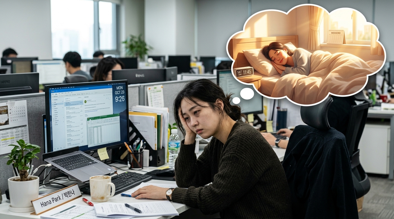 불규칙한 주말 수면 패턴으로 인해 피로를 느끼는 한국인 여성