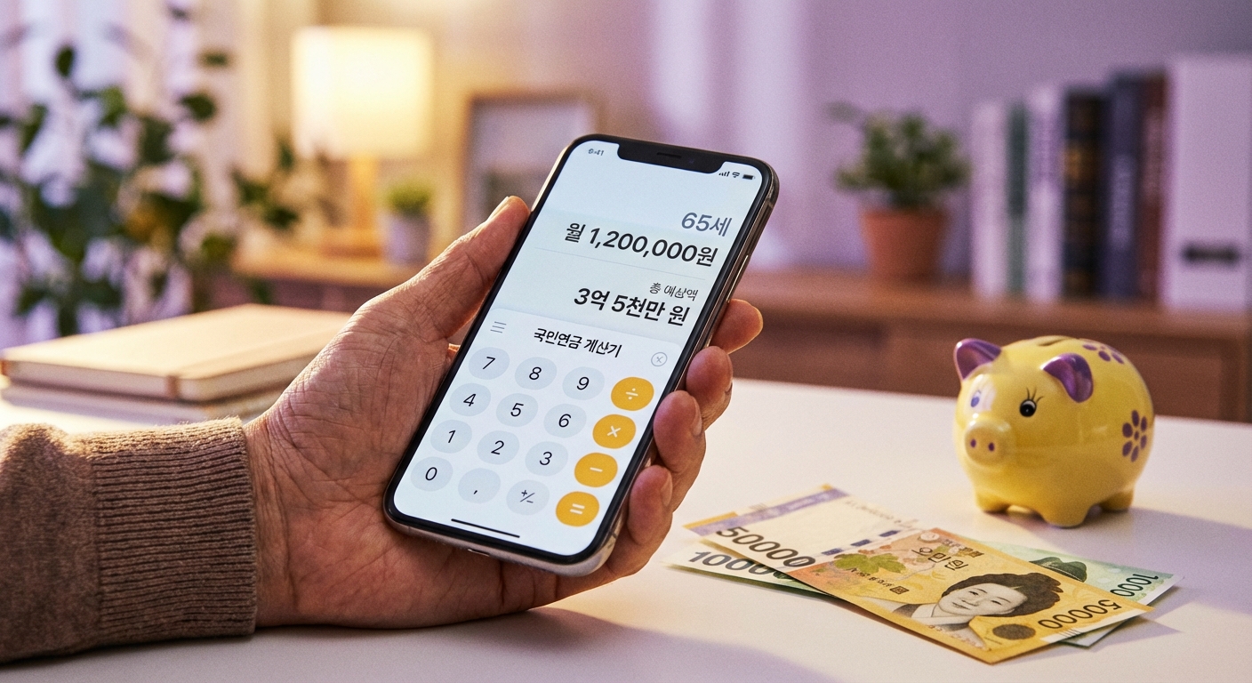 국민연금 재직자 감액 제도 변화에 따른 연금액 계산과 노후 재테크 계획을 세우는 모습.