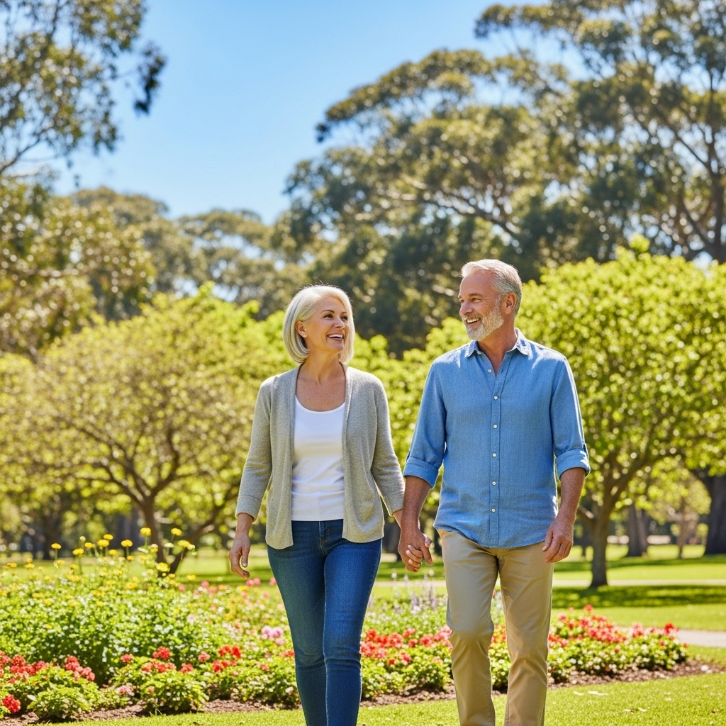 푸른 공원에서 환하게 웃으며 활기차게 걷는 중년 부부의 모습, 건강하고 행복한 노년의 삶을 상징합니다.
