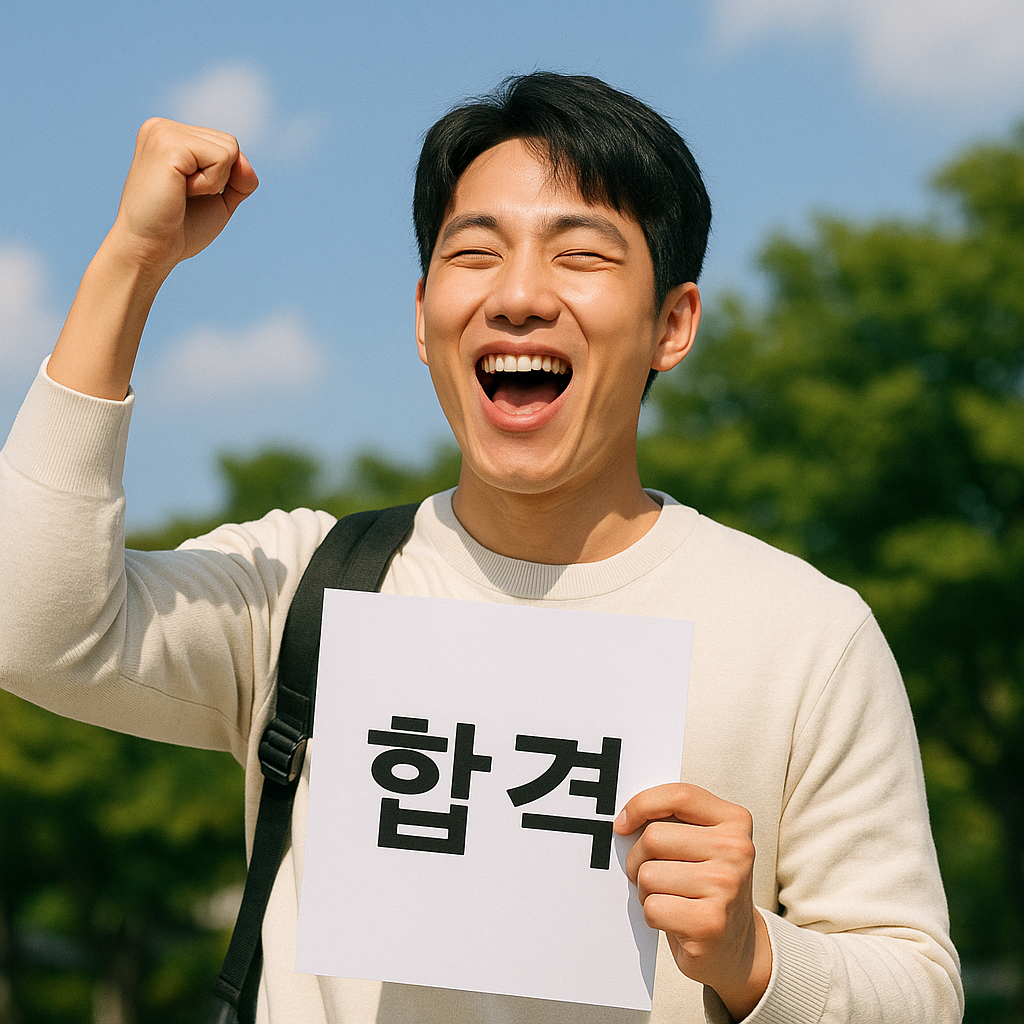 시험에 합격해 기뻐하며 환하게 웃는 한국 청년, 손에 '합격' 종이를 들고 있는 모습
