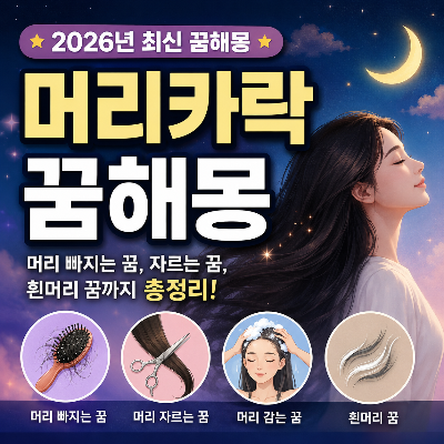 2026년 최신 머리카락 꿈해몽 대표 이미지. 머리 빠지는 꿈, 머리 자르는 꿈, 머리 감는 꿈, 흰머리 꿈의 의미를 한눈에 정리한 썸네일. 밤하늘을 배경으로 긴 머리 여성 일러스트와 빗에 빠진 머리카락, 가위, 머리 감는 모습, 흰머리 아이콘이 함께 배치되어 있다.