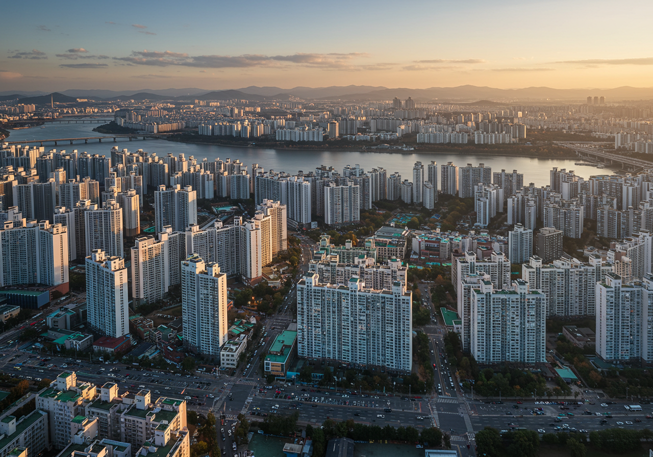 서울 도심 아파트 단지 전경과 부동산 시장 변화의 상징적 장면