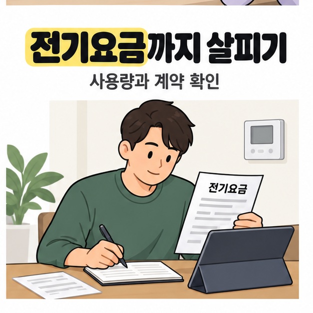 전기요금까지 살피기 문구 아래 남성이 전기요금 고지서와 태블릿을 보면서 수첩에 메모하는 모습