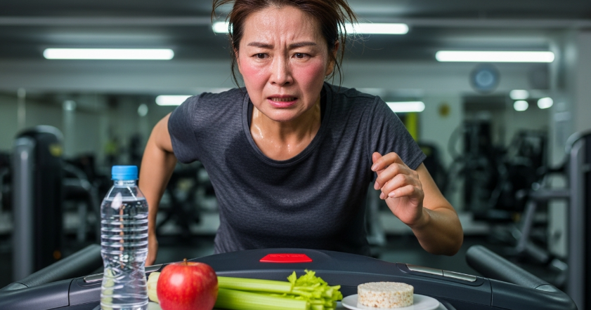 스트레스를 받은 중년 여성이 러닝머신 위를 달리며 지쳐 보이는 모습