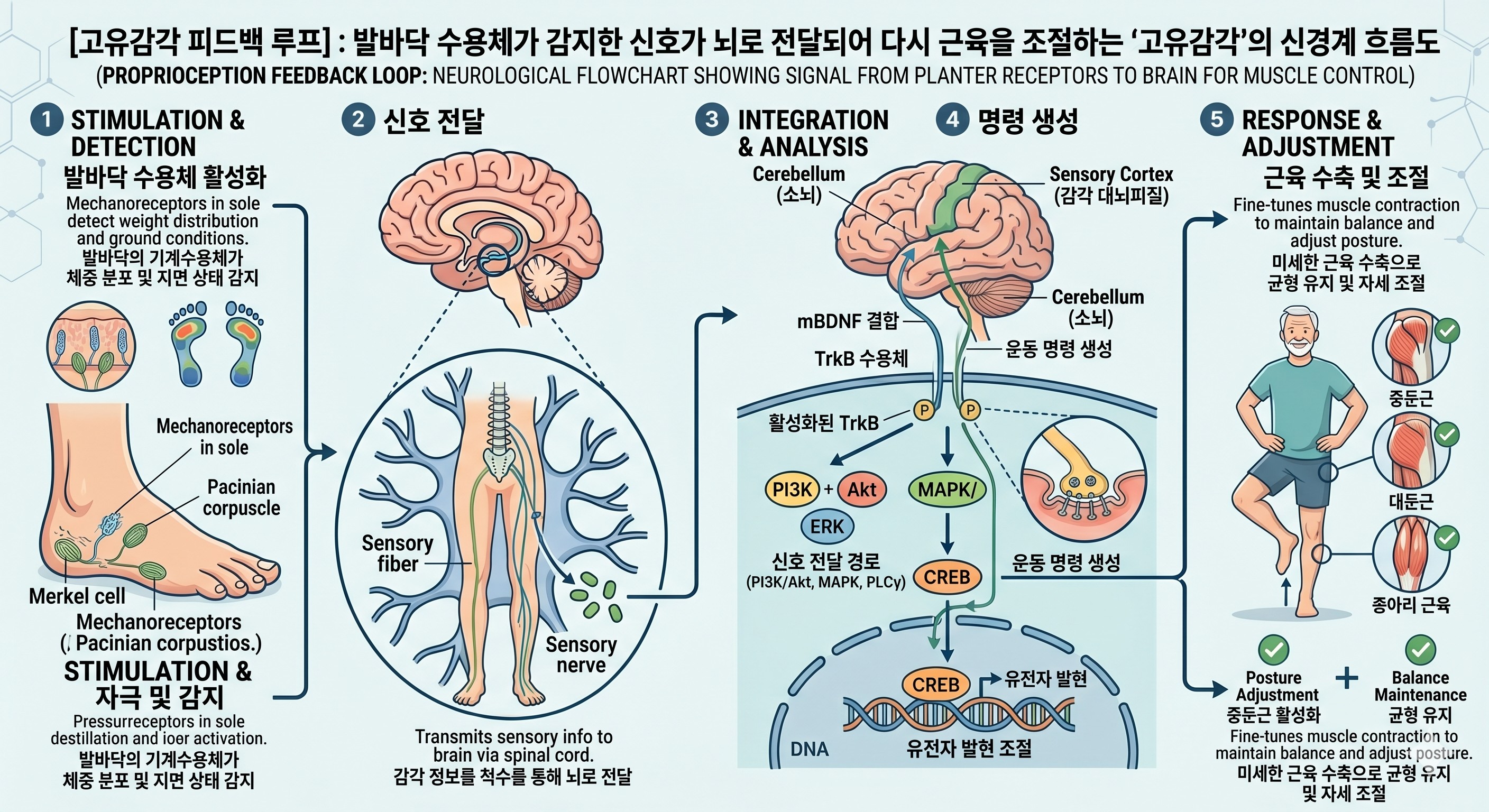 발바닥 수용체가 감지한 신호가 뇌로 전달되어 다시 근육을 조절하는 '고유감각'의 신경계 흐름도
이미지출처:Gemini AI 생성