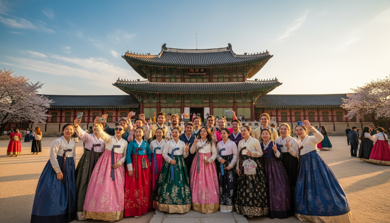 2025년 한복을 입은 외국인 관광객들이 경복궁 앞에서 즐겁게 사진을 찍는 모습