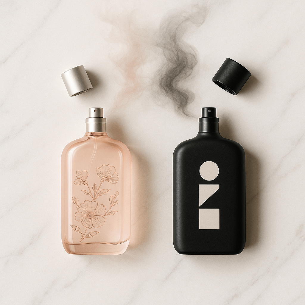 soft pink floral perfume bottle and matte black geometric perfume bottle side‑by‑side on white marble, fragrance mist blending together to symbolize genderless perfume concept
