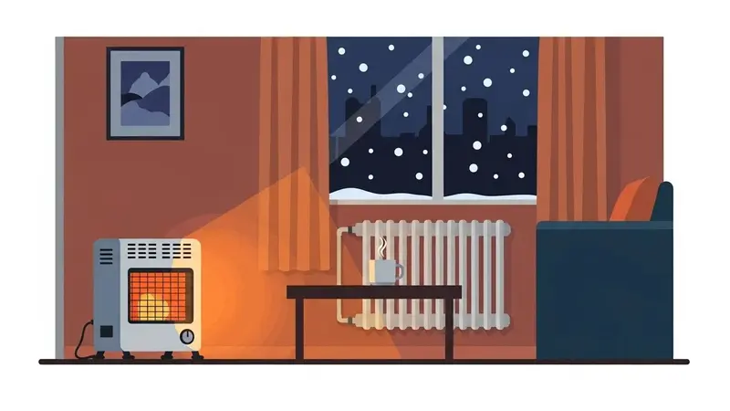 겨울 밤 눈 내리는 창가 앞에서 전기히터와 라디에이터, 따뜻한 머그컵이 놓인 한국 아파트 거실 일러스트, 난방비 지원으로 따뜻한 집을 표현한 이미지