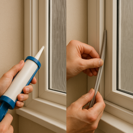 방충망 틈새를 실리콘과 패킹으로 보완하는 모습