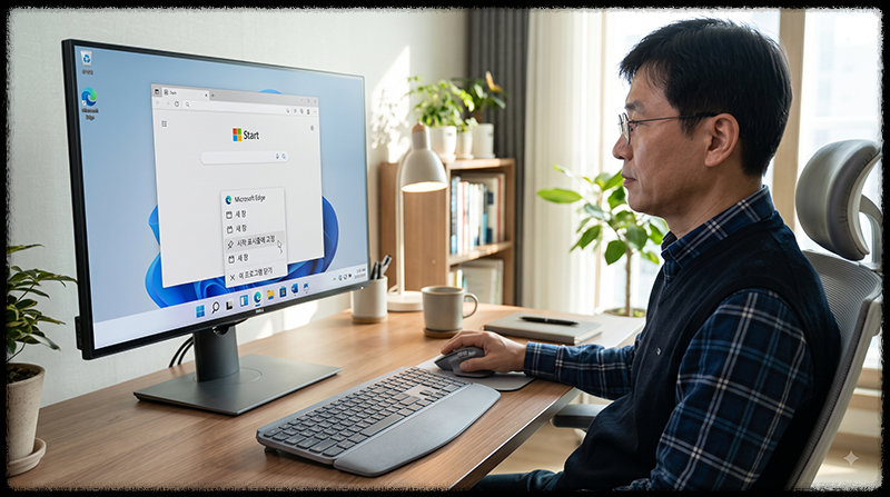 Windows 11에서 실행 중인 프로그램을 작업 표시줄에 고정하는 모습