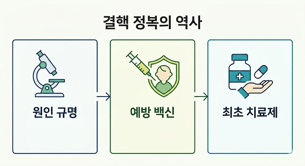 결핵 정복의 역사를 나타낸 인포그래픽입니다. 왼쪽부터 현미경 아이콘의 '원인 규명', 주사기와 방패 아이콘의 '예방 백신', 알약과 손 아이콘의 '최초 치료제' 단계가 화살표로 연결되어 결핵을 극복하는 과정을 직관적으로 보여줍니다.