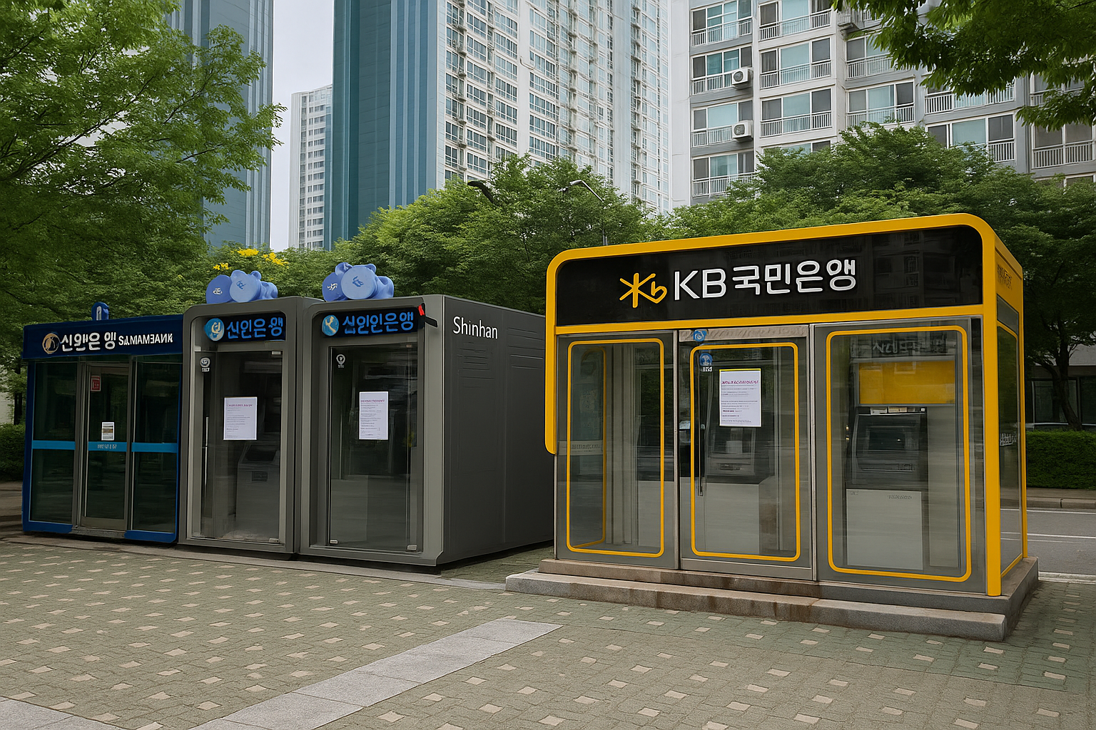 아파트단지앞에 여러 대의 ATM기가 설치되어 있는 모습의 사진