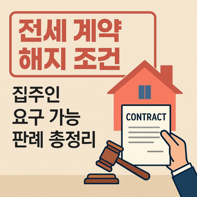 집주인이 전세 계약 해지를 요구할 수 있는 조건과 판례를 정리한 대표 이미지로, 계약서와 주택, 법적 상징을 시각적으로 표현