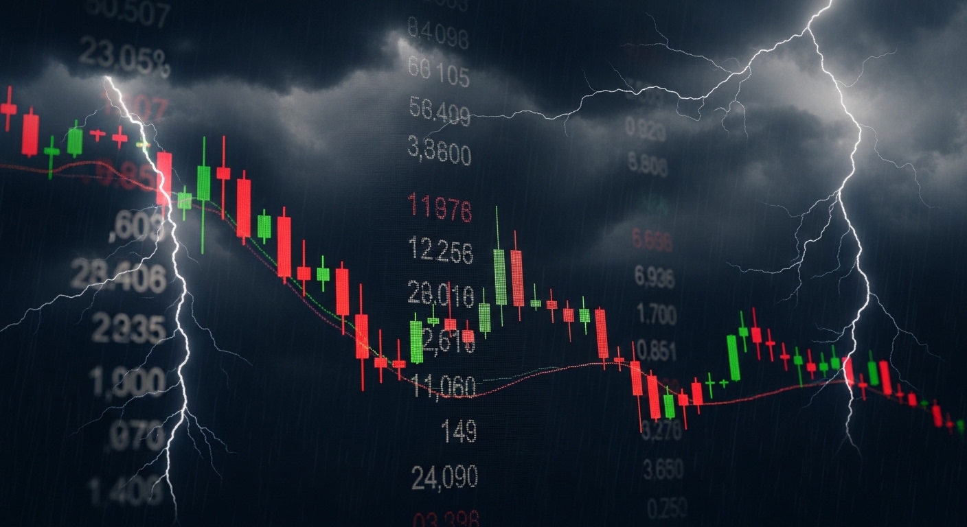 A dramatic dark-toned image of a stock market screen showing red candlesticks and a stormy atmosphere, symbolizing short-term market noise and uncertainty.