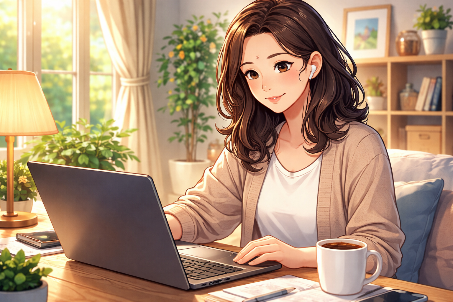 ai를 활용해 컴퓨터를 하고 있는 여성을 일러스트 이미지로 생성한 것