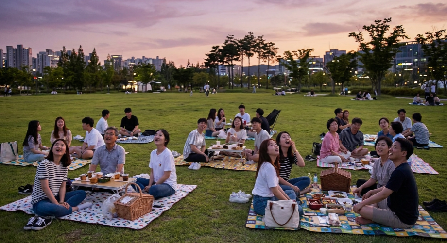 세종 중앙공원 잔디광장에 돗자리를 펴고 낙화를 기다리는 사람들
