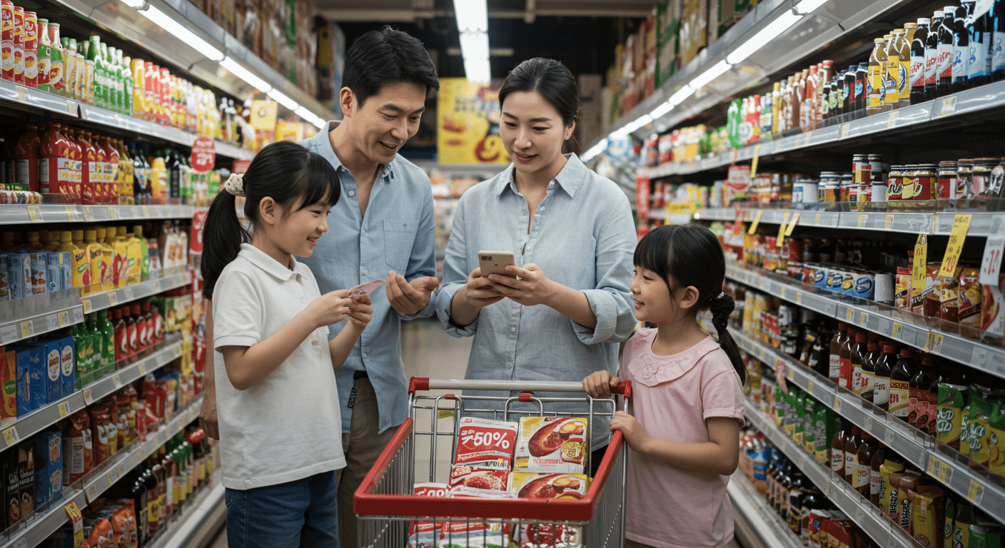  가족이 대형마트에서 스마트폰 쿠폰으로 농축산물 할인 혜택을 확인하는 모습 1