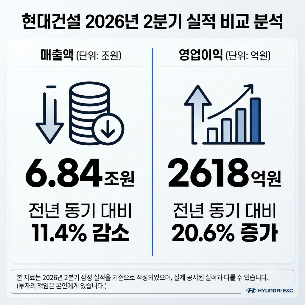 현대건설 2026년 2분기 매출 감소와 영업이익 증가를 비교한 실적 분석 그래프