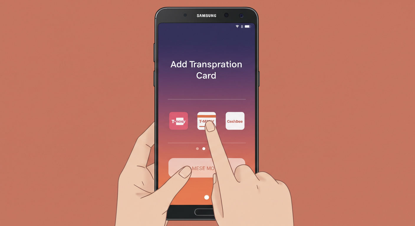 삼성 월렛 앱에서 교통카드를 추가하는 손