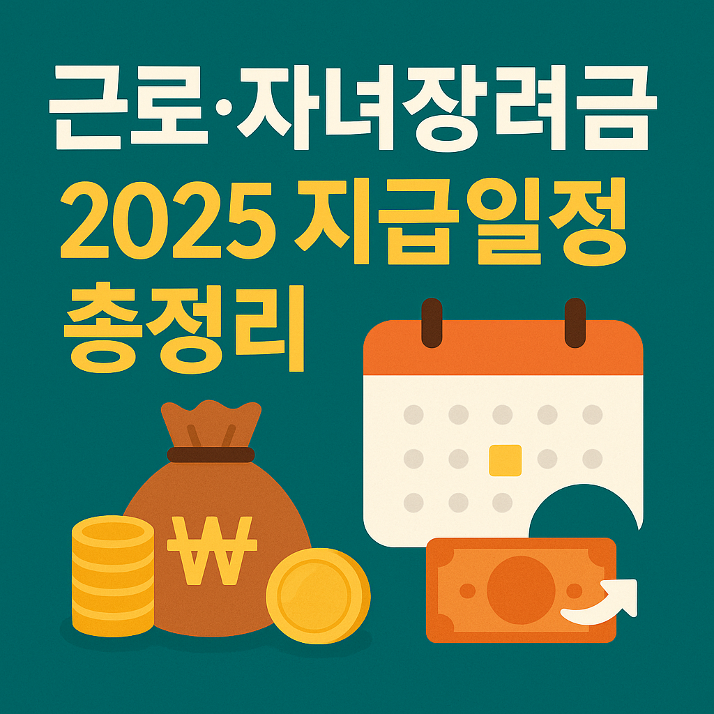 근로&middot;자녀장려금 2025 지급일정 총정리라는 텍스트와 함께, 달력, 돈주머니, 동전, 지폐 아이콘이 배치된 썸네일 이미지