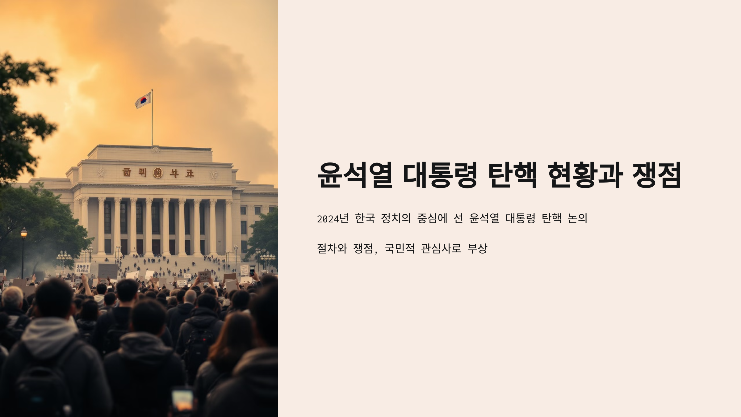 한국 국회의사당 앞에서 열린 대규모 시위 장면. 하늘에 태극기가 휘날리는 가운데 사람들이 피켓을 들고 항의하는 모습