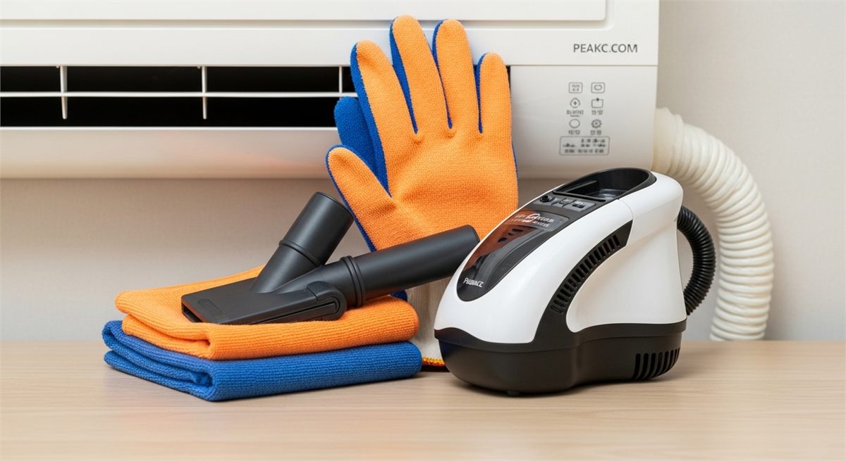 에어컨 청소 서비스 준비물을 정리해 둔 생활형 장면 