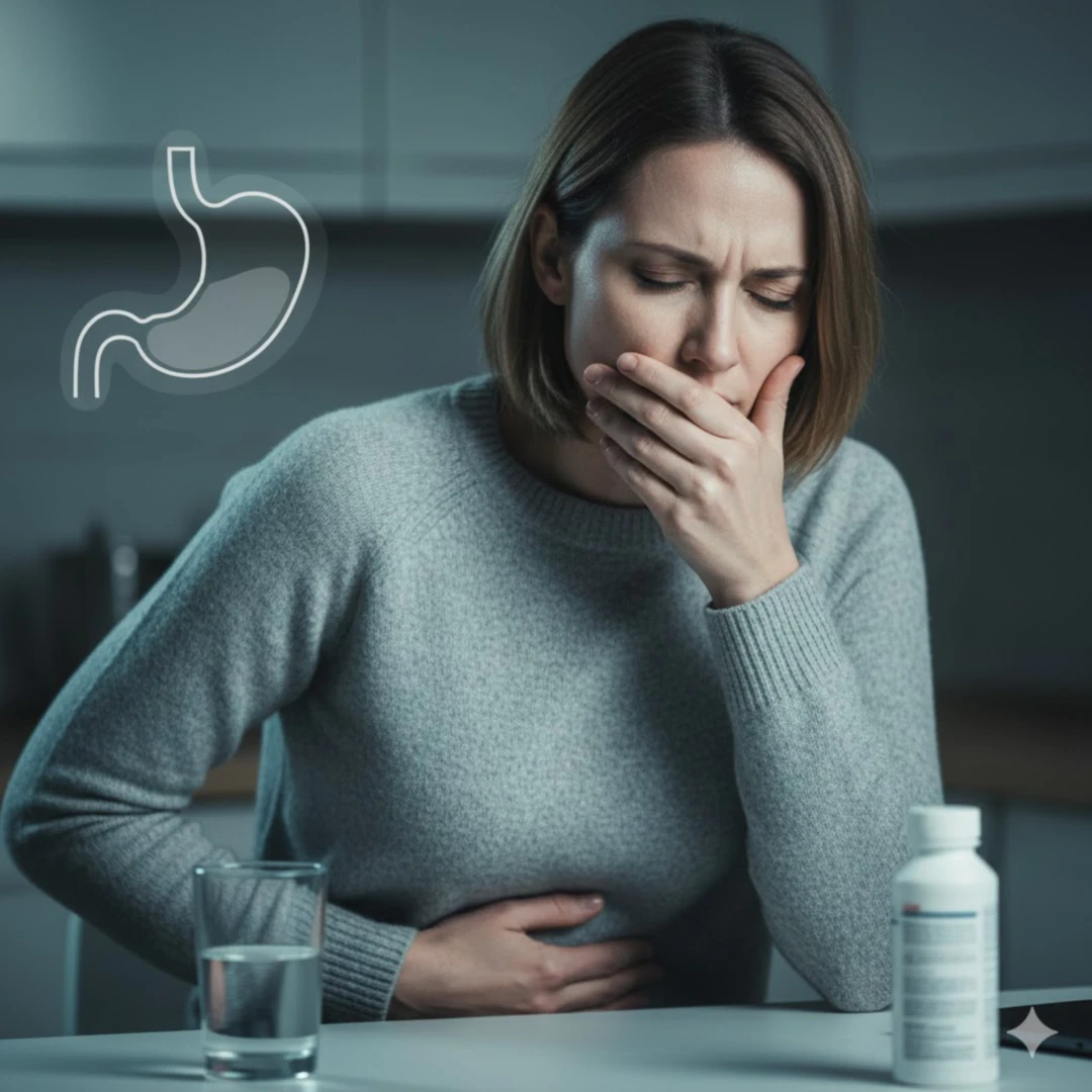 한 사람이 한 손으로 배를 누르고 다른 손으로 입을 가리며 속이 좋지 않은 표정을 짓는 모습입니다. 얼굴은 약간 창백하고 식은땀이 맺힌 듯한 느낌을 줍니다. 배경에는 흐릿하게 위장 그림이나 약이 놓여 있는 식탁 등을 배치하여 소화기 증상과 연결성을 암시합니다.