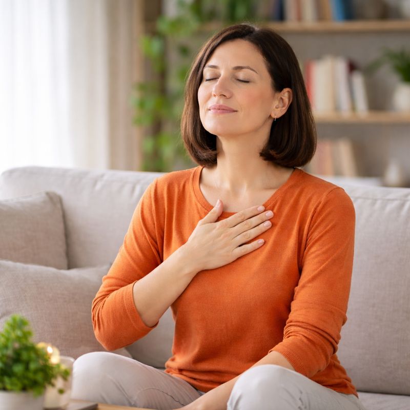 간병 스트레스로 잠시 호흡하며 마음을 가라앉히는 중년 여성