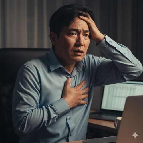 가슴을 문지르며 답답해하는 중년의 모습