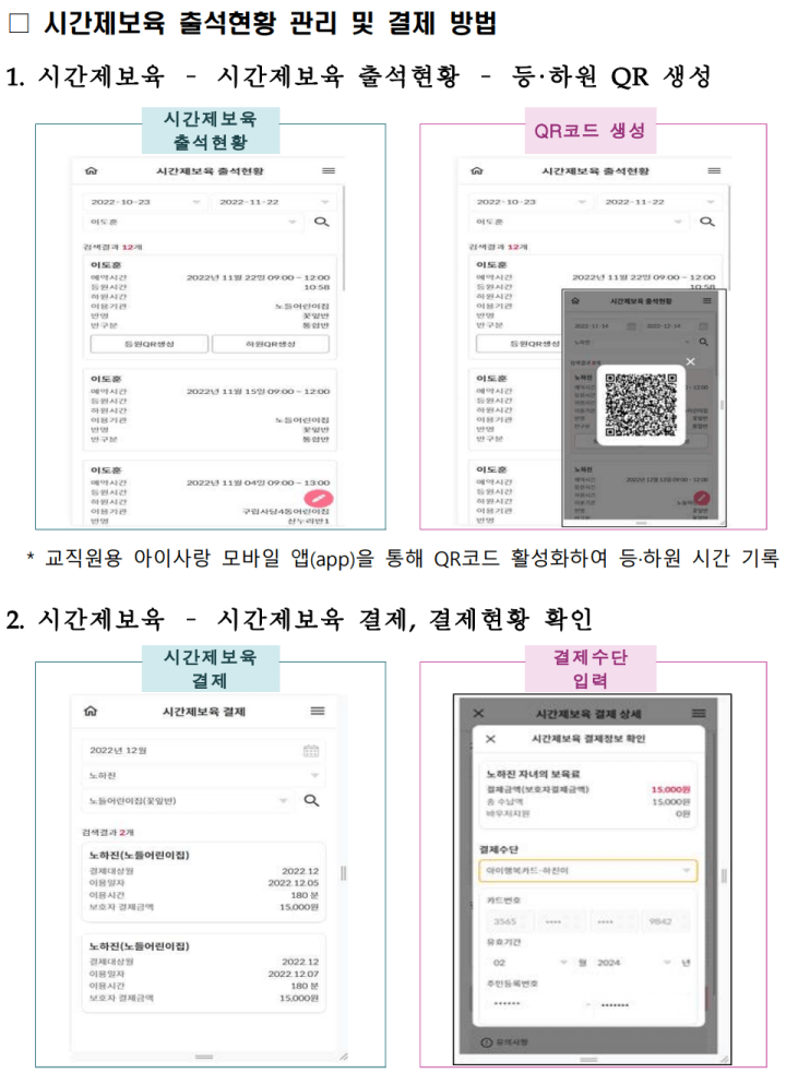 시간제보육 출석현황 관리 및 결제 방법 (출처 : 보건복지부 보도자료 2023.1.11)