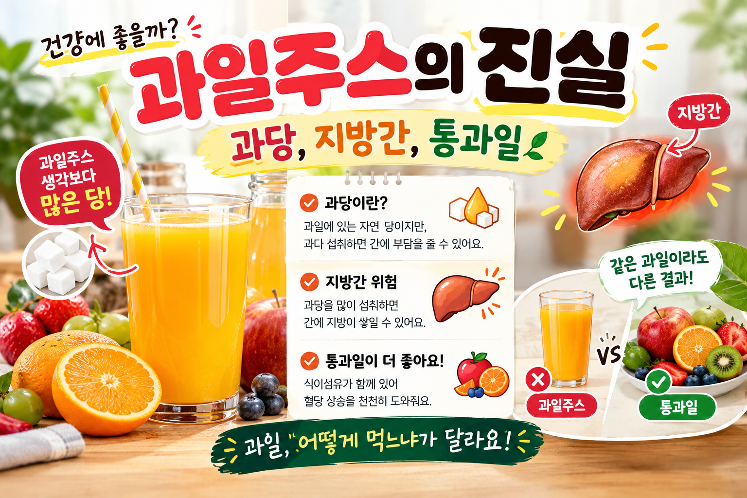 과일주스의 과당 함량과 지방간 위험, 통과일 섭취의 중요성을 설명하는 건강정보 썸네일 이미지. 중앙에는 '과일주스의 진실'이라는 제목이 크게 표시되어 있으며, 왼쪽에는 오렌지주스와 사과, 오렌지, 블루베리 등 다양한 과일이 배치되어 있다. 오른쪽에는 과당을 상징하는 설탕 이미지와 간 일러스트, 지방간 위험 증가를 나타내는 화살표가 표현되어 있다. 하단에는 과당과 지방간의 관계, 통과일 섭취의 장점을 비교하는 문구가 담겨 있다. 과일주스의 과도한 섭취를 주의하고 식이섬유가 풍부한 통과일을 선택하는 건강한 식습관의 중요성을 강조한다.