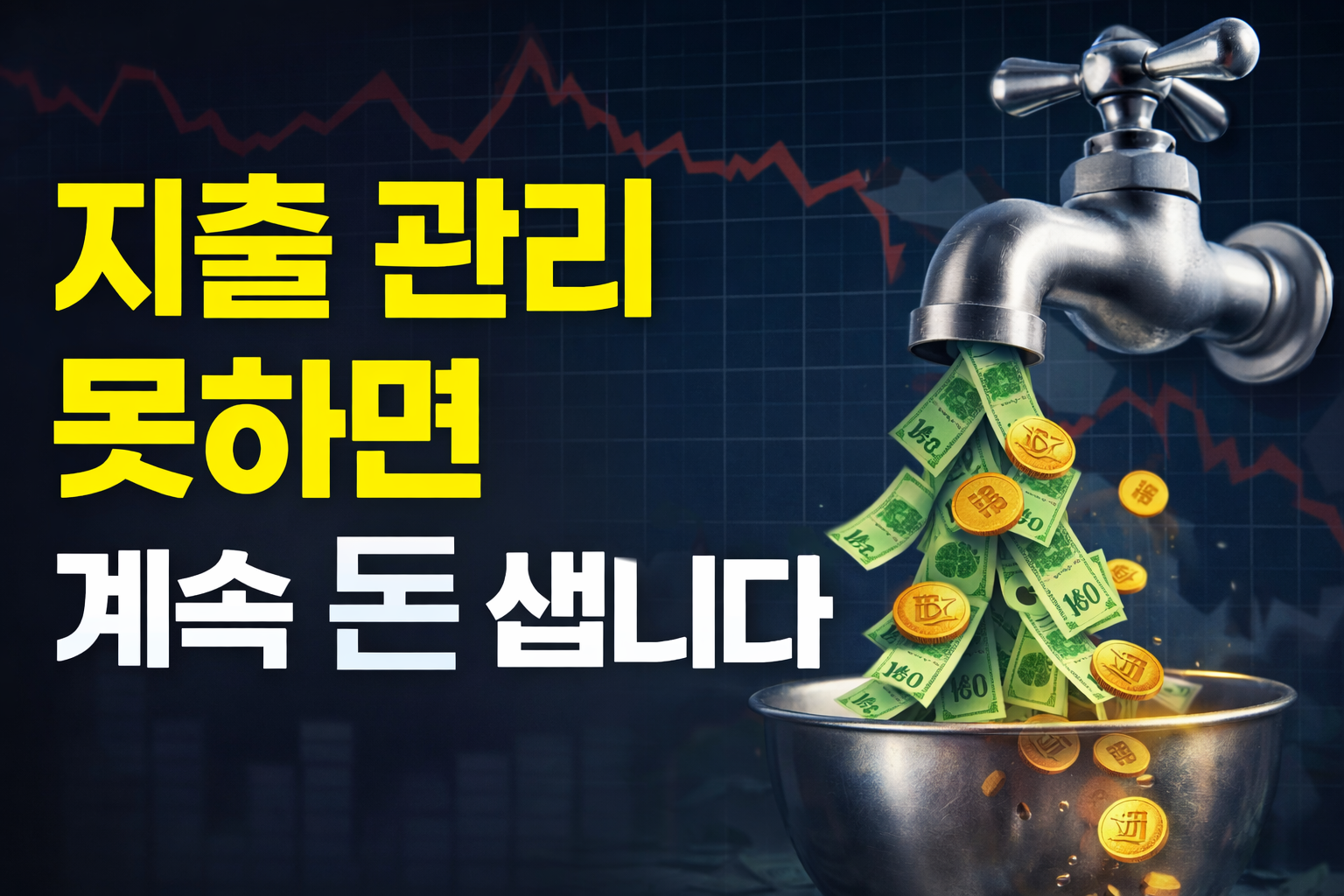 지출 관리 방법을 설명하는 이미지, 돈이 새는 구조를 보여주는 수도꼭지와 현금 흐름 개념