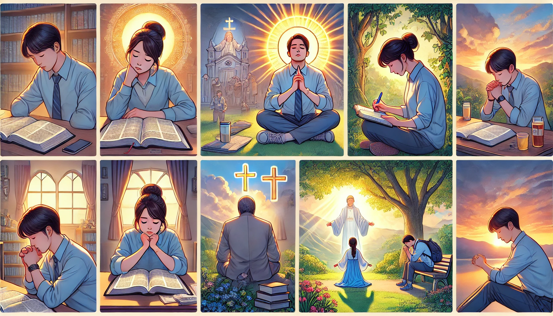 하나님의 성품을 더 알아가고 하나님의 광대하심과 위엄을 깊이 묵상하며 지식을 더하기 위해 간절히 기도하는 하루를 보내는 한국인의 모습을 담은 이미지입니다. 이 이미지는 아침에 하나님의 성품을 이해하기 위해 깊이 기도하는 모습, 조용한 공원에서 하나님의 웅대함과 위엄을 묵상하는 모습, 그리고 저녁에 하나님의 위대함을 더 많이 알게 해달라고 기도하는 모습을 보여줍니다. 이 장면들은 영적인 헌신과 하나님의 속성을 더 깊이 이해하고자 하는 진심 어린 열망을 잘 나타내고 있습니다.