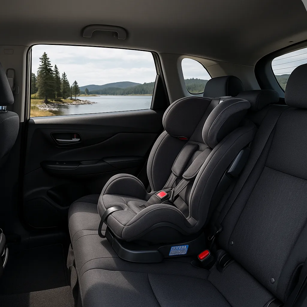 SUV 2열 좌석에 카시트가 설치된 상태와 창밖 풍경