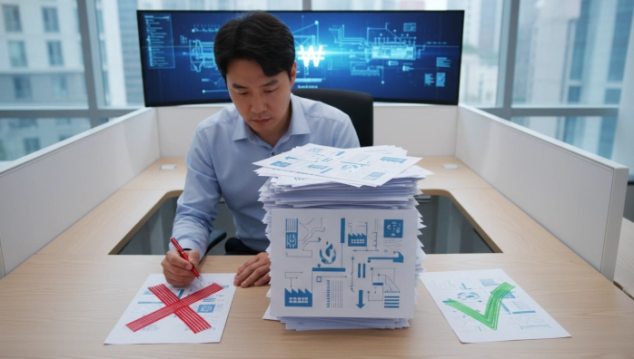 스마트공장 심사 서류 검토 중 서류 누락(빨간 X)과 완벽한 서류(초록 체크)를 비교하며 확인하는 한국인 담당자.