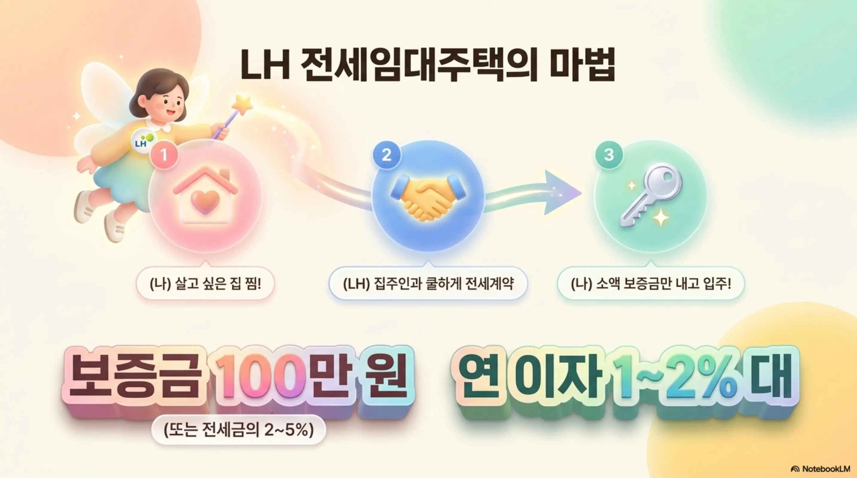 LH 전세임대주택의 기본 구조를 3단계로 설명하는 일러스트. 입주자가 살고 싶은 집을 찍으면 LH가 집주인과 전세계약을 체결하고 입주자는 소액 보증금만 내고 입주하는 흐름을 보여주며 보증금 100만 원과 연 이자 1~2%대라는 핵심 조건을 시각적으로 전달함